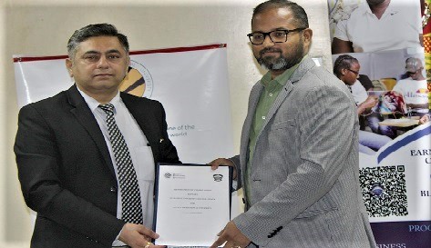 Nitesh Mahajan (left), Associate Director, Lovely Professional University, and Dr Sujith Jayaprakash, Rector, Bluecrest College, with the signed MoU. Picture: ERNEST KODZI